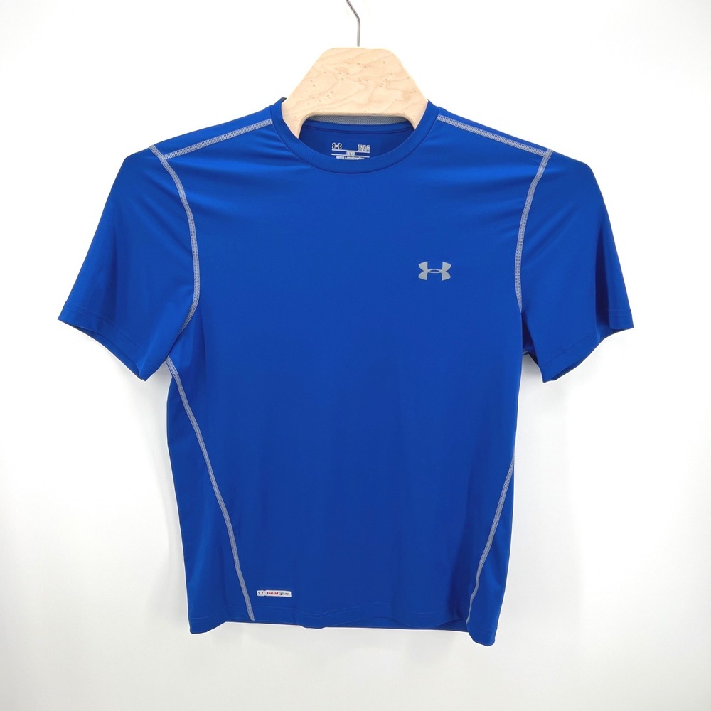 Under Armour HeatGear Shirt Mens L Blue Fitted Athletic Training Short Sleeve